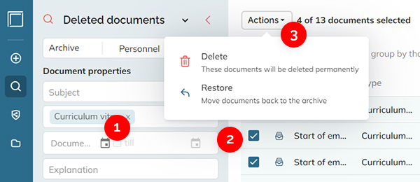 The steps for permanently deleting or restoring a document