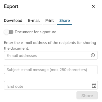The Share tab in the Export panel