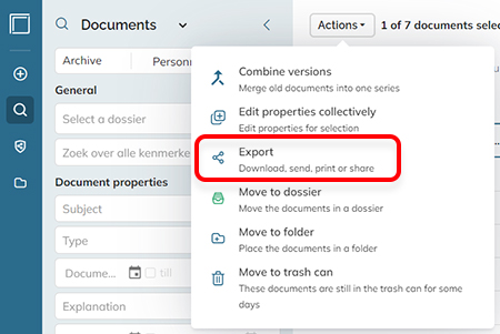 The Export option in the Action menu