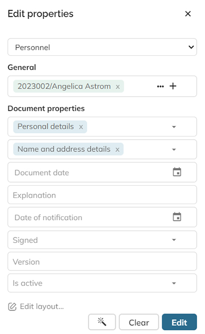 The Edit properties panel for a document in a dossier