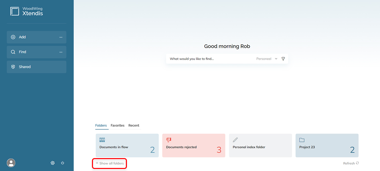 Favorite folders on the Dashboard and the icon for opening the list of folders