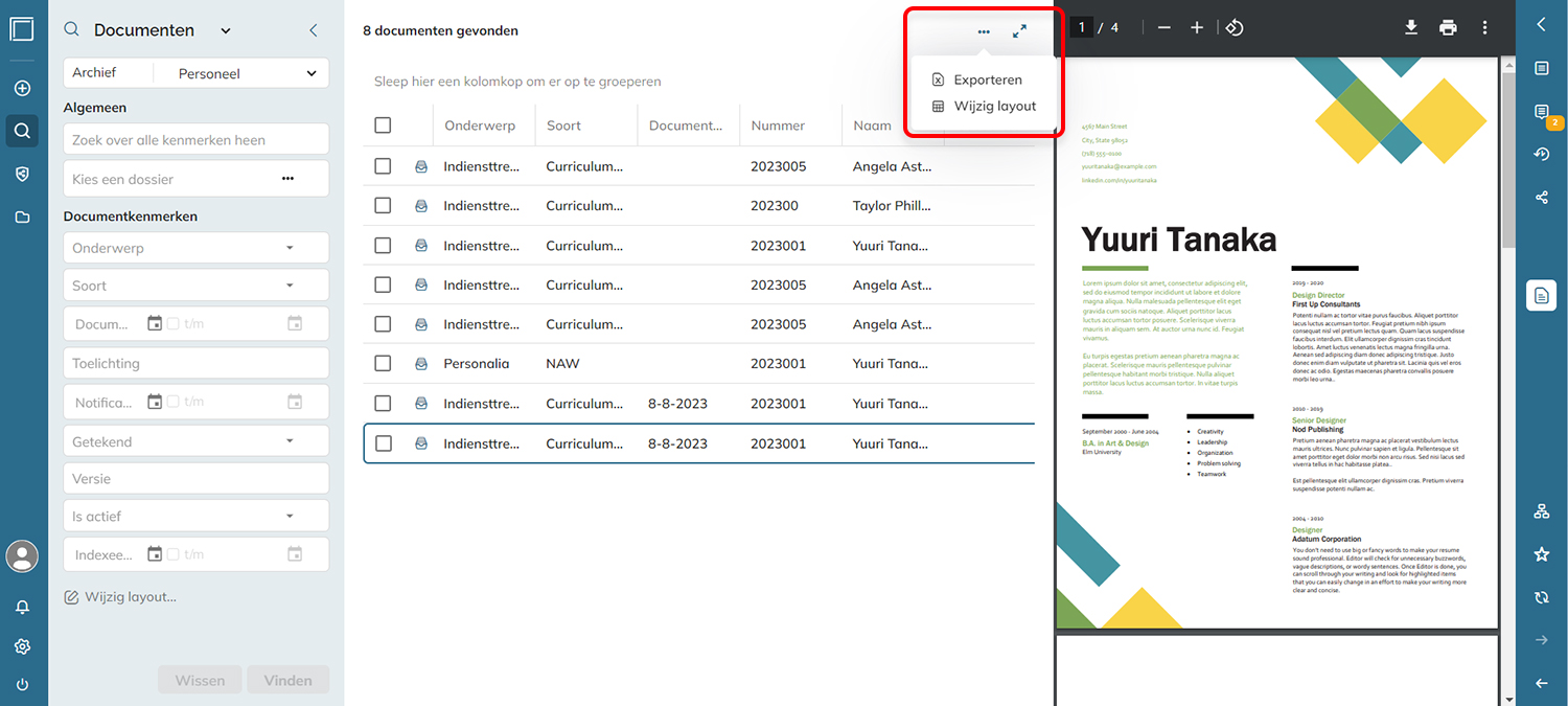 The search results menu.