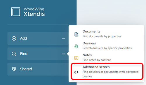 The Advanced Search option in the menu of the Find option on the Dashboard