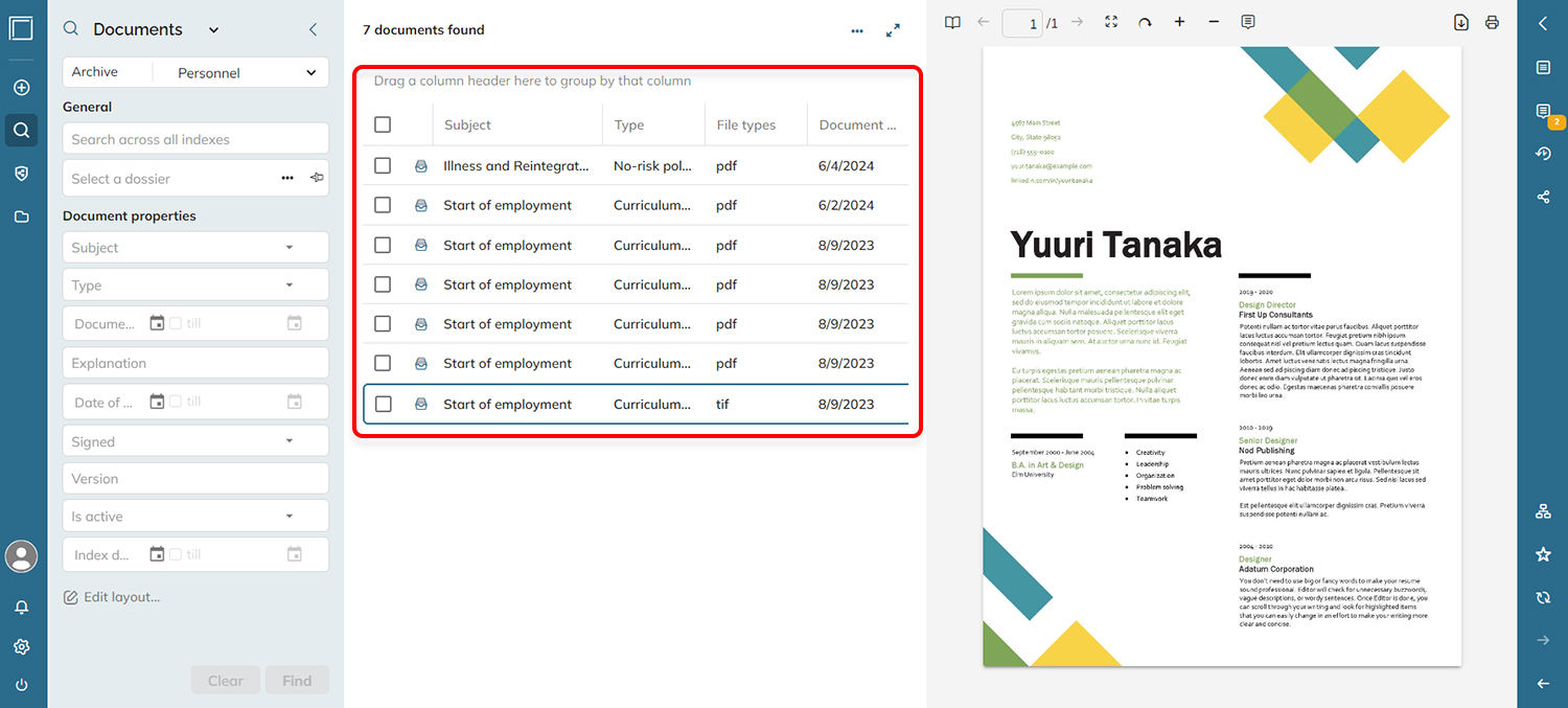 The columns in the search results