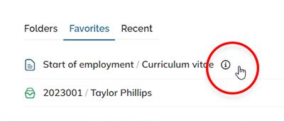 An icon appears when hovering over a document or dossier in the list of favorites