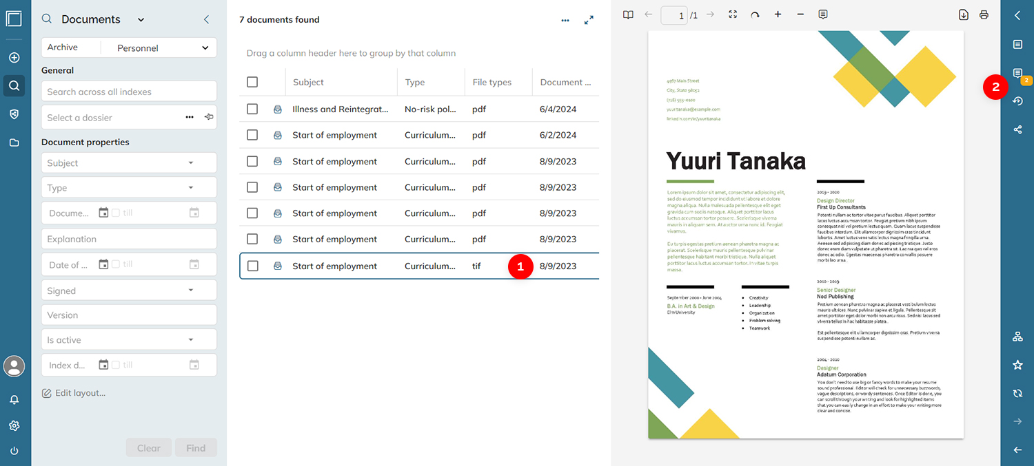 An item selected in the list and the vertical toolbar