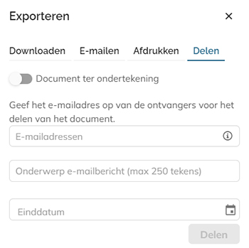Het tabblad Delen in het paneel Exporteren