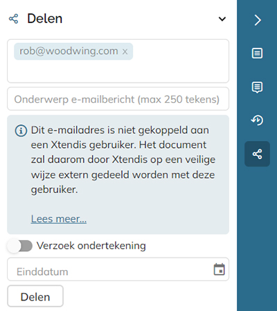 Bij het delen van een document naar een onbekend e-mailadres verschijnt er een bericht