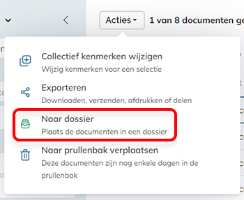 De optie Naar dossier verplaatsen in het Actiemenu van een document