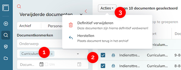 De stappen voor het definitief verwijderen of herstellen van een document