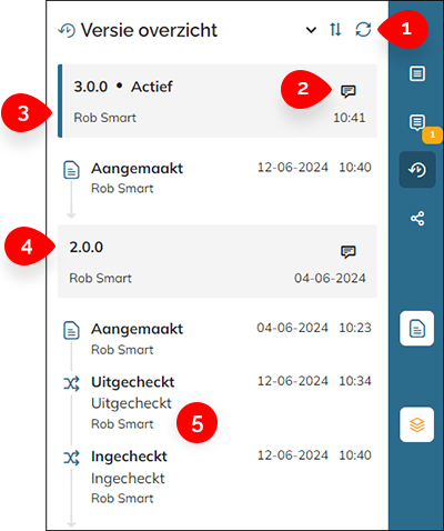 De onderdelen van het Versie overzicht in het Geschiedenis paneel