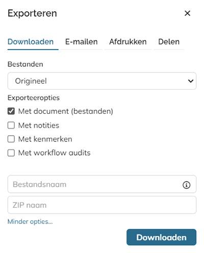 Het tabblad Downloaden in het deelvenster Exporteren met alle opties