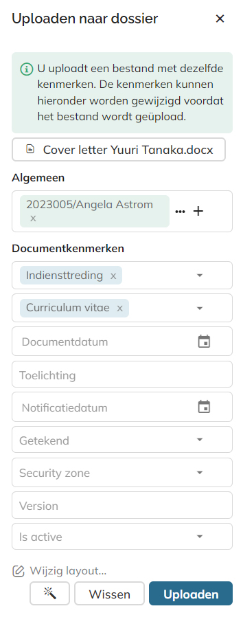 Het paneel Uploaden naar dossier