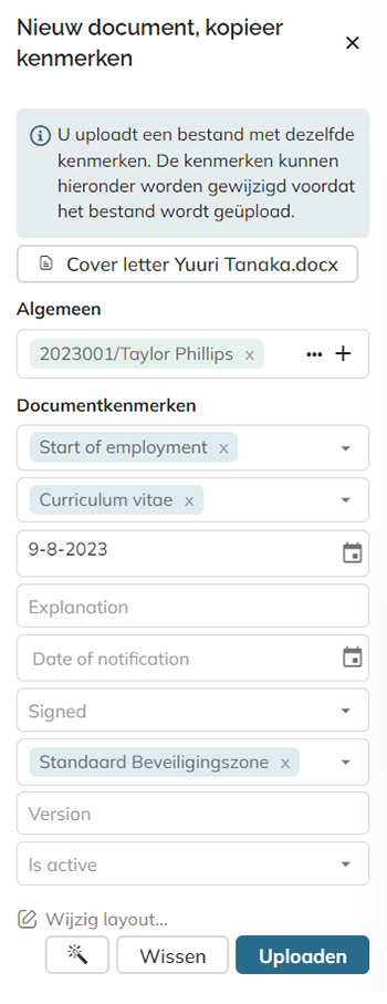 Het paneel voor het instellen van de kenmerken van een nieuw document