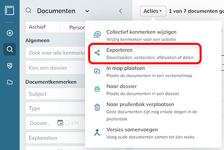 De optie Exporteren in het actiemenu
