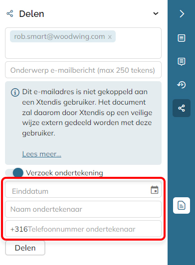 De velden wanneer Verzoek ondertekening is ingeschakeld