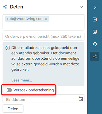 De optie Verzoek ondertekening in het paneel Delen