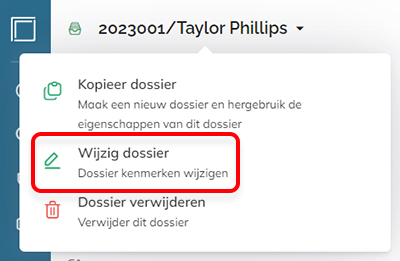De optie Wijzig dossier in het actiemenu van een dossier