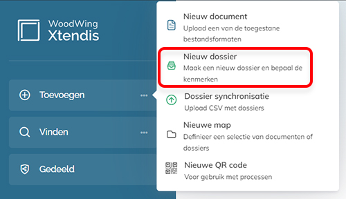 De optie Nieuw dossier in het menu Toevoegen