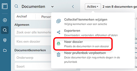 De optie Naar dossier verplaatsen in het Actiemenu van een document