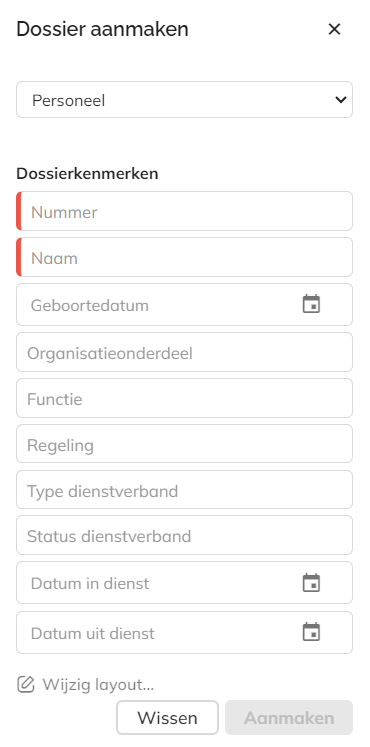Het paneel Dossier aanmaken