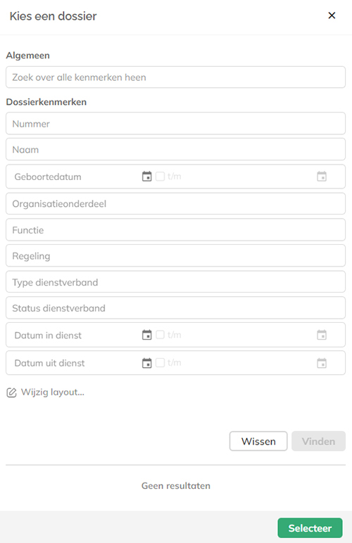 Het Selecteer dossier paneel