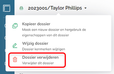 De optie Naar prullenbak verplaatsen in het actiemenu van een dossier