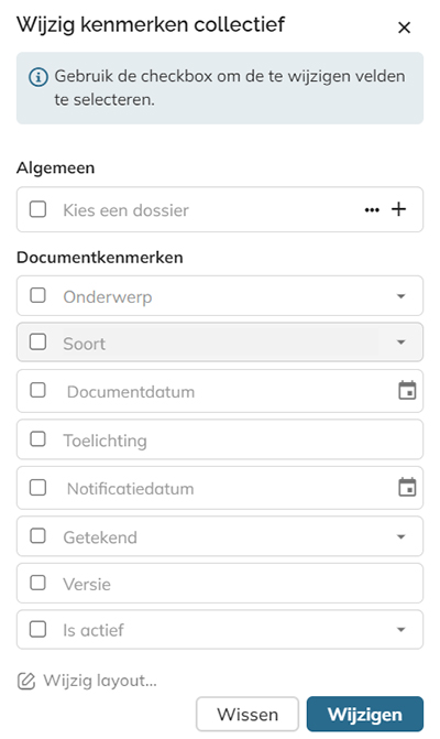 Het paneel Collectief kenmerken wijzigen