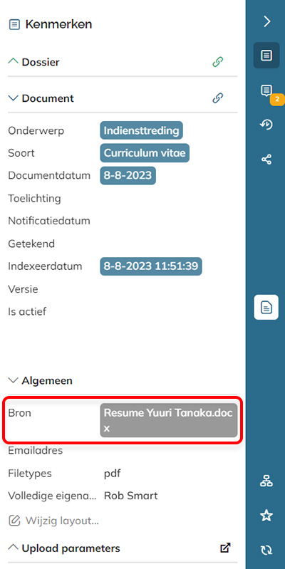 Door op de tag in het Bron-veld te klikken, wordt het gekoppelde document geopend