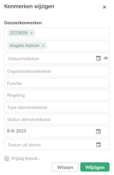 Het paneel voor het bewerken van dossier kenmerken