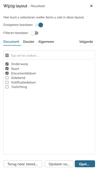 Het scherm met de kolominstellingen