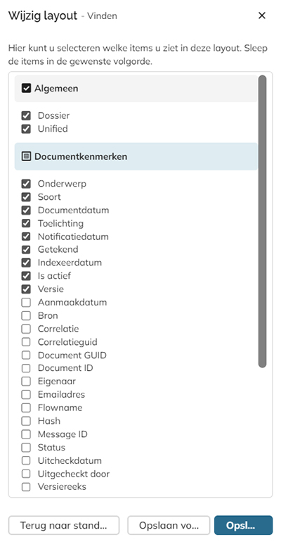 Via het paneel Wijzig Layout kunt u bepalen welke kenmerken in het paneel worden weergegeven