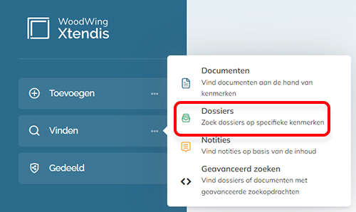 De opties op de Startpagina voor het vinden van dossiers