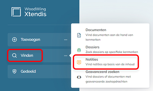 De opties op de Startpagina voor het vinden van notities