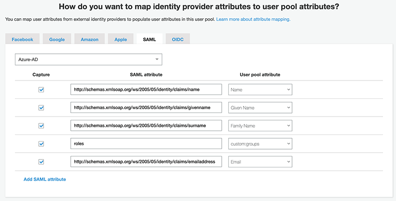 Setting up SAML attributes.