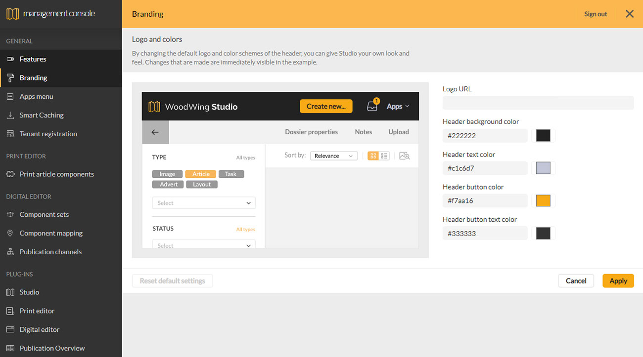 The Branding page in the Management Console of Studio