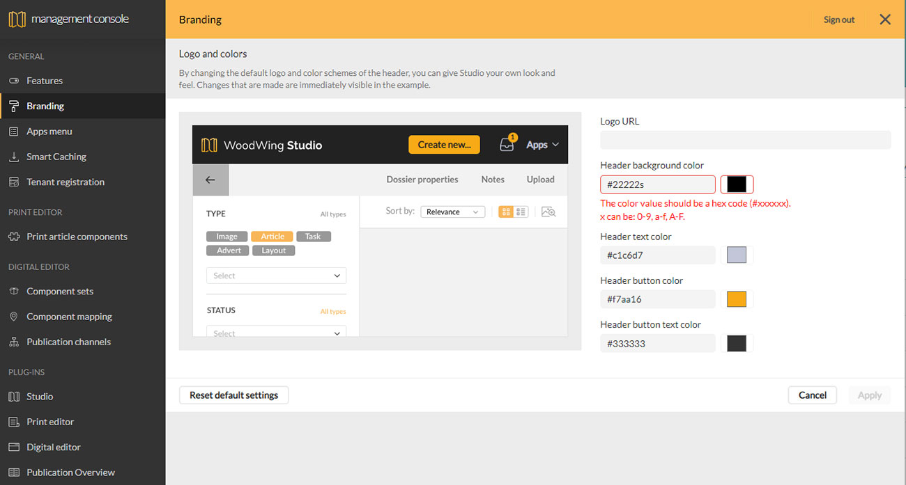 When an incorrect hex value for a color is entered on the Branding page, a message is now shown.