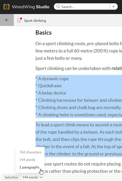 Viewing the character, word, and paragraph count of selected text.