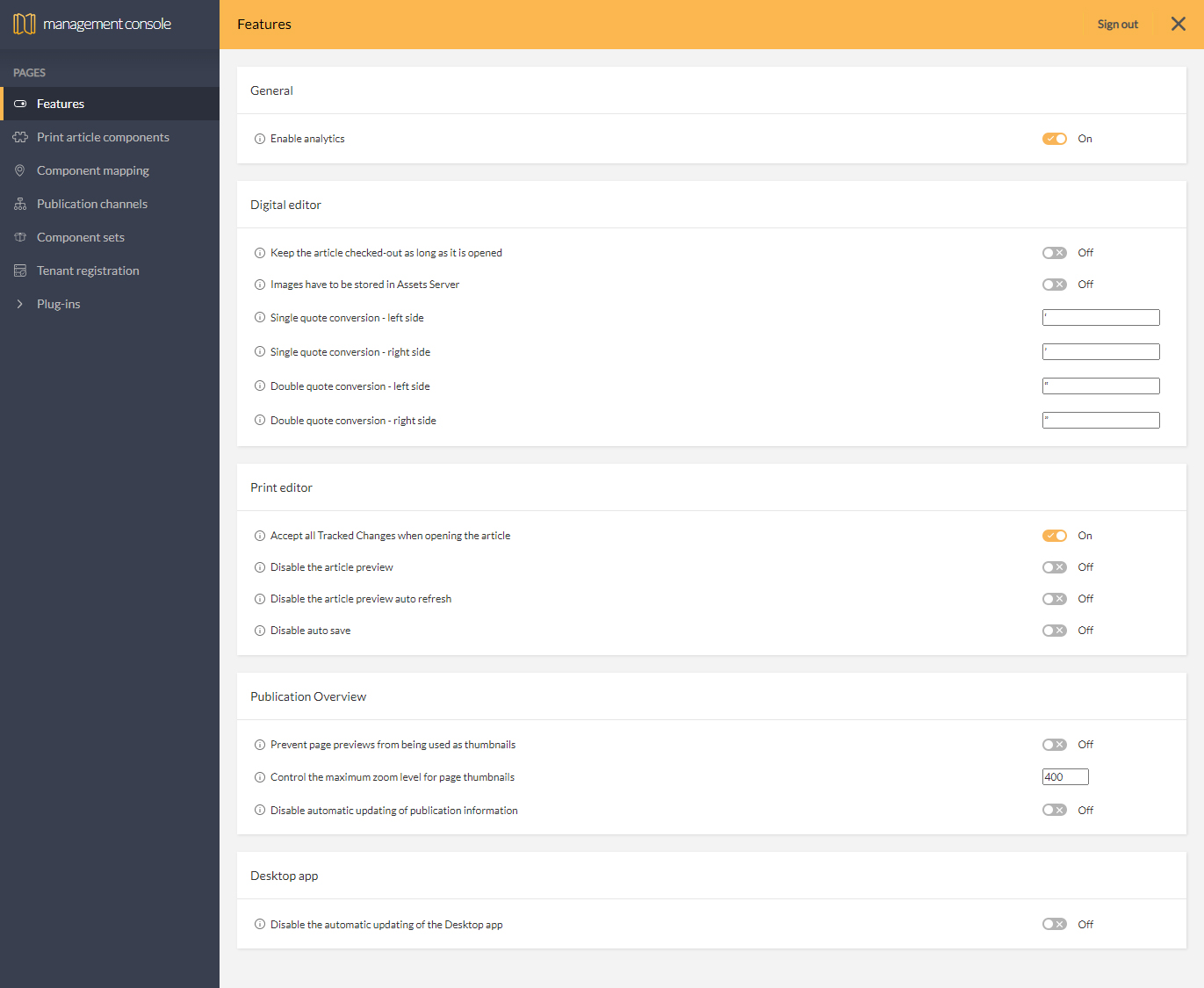 The Studio features page in the Management Console