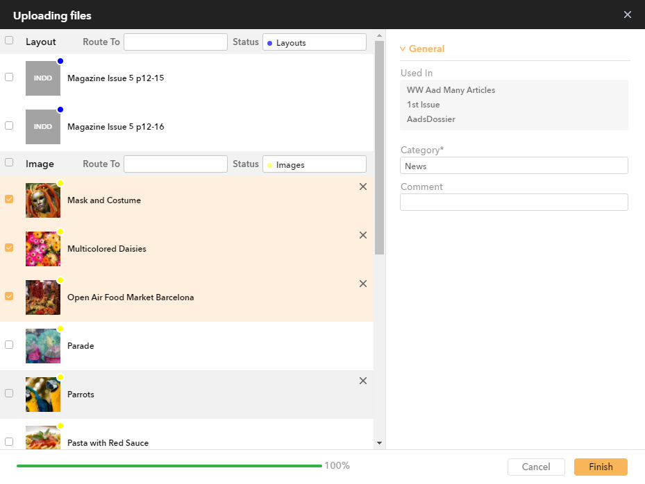 Changing the properties for multiple files in the Upload dialog