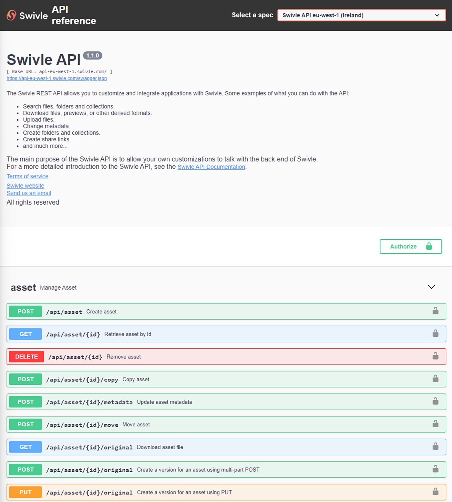 The Swivle API reference page