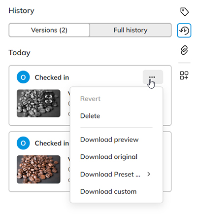 The options for a file in the History panel