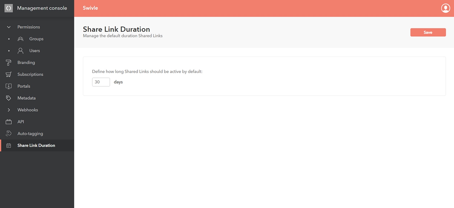 The Shared Link duration page in the Management Console