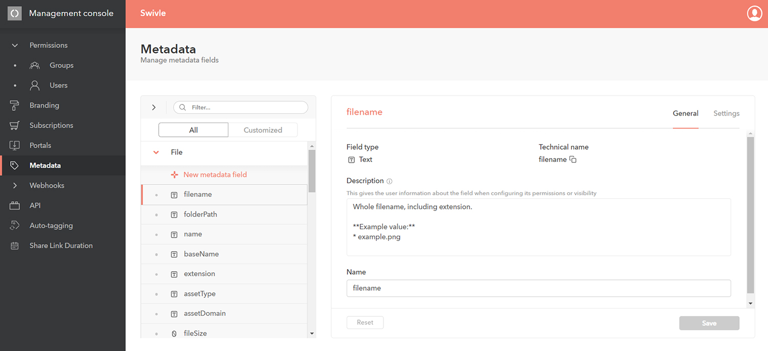 The Metadata page in the Management Console
