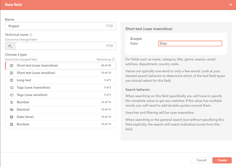 The New field dialog