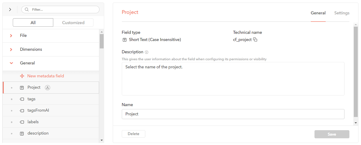 The General tab of a custom field named Project