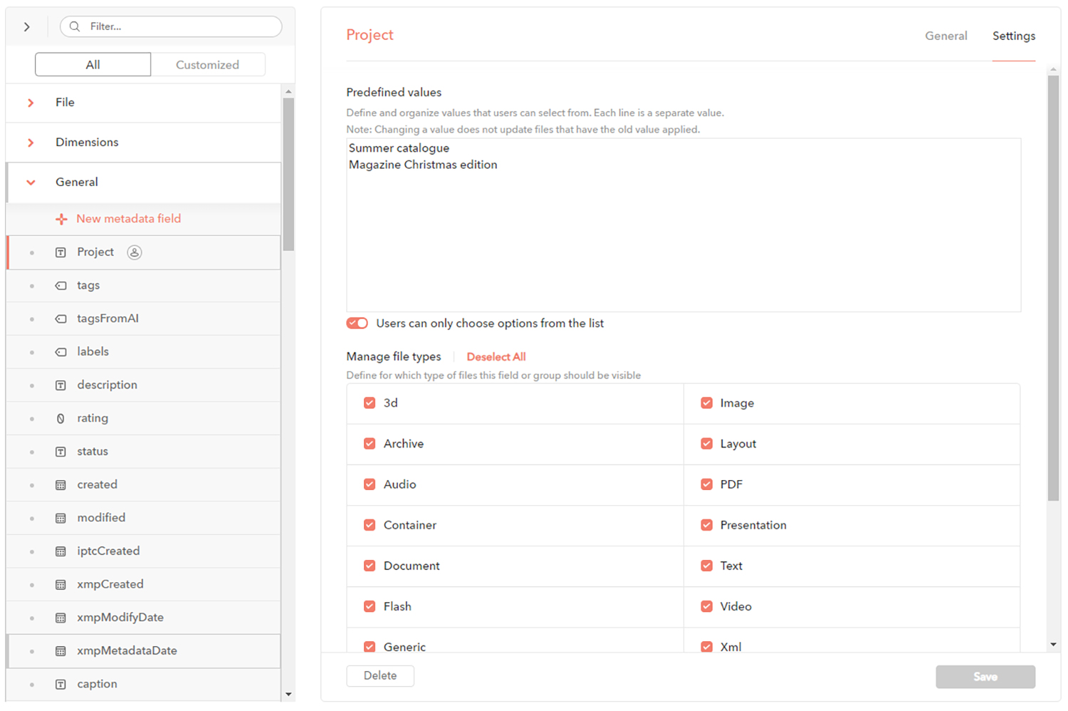 The Settings tab of a custom field named Project