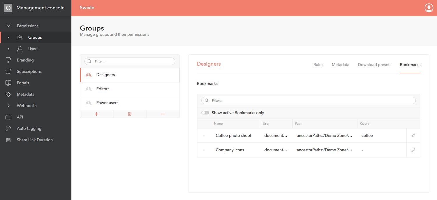 The Bookmarks tab on the Groups page in the Management Console