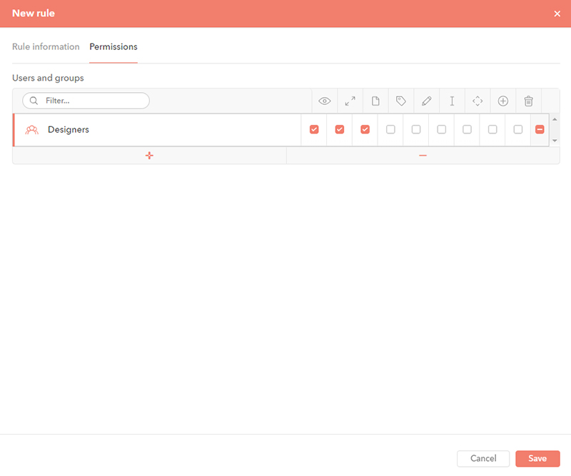 The Permissions tab in the New Rule dialog