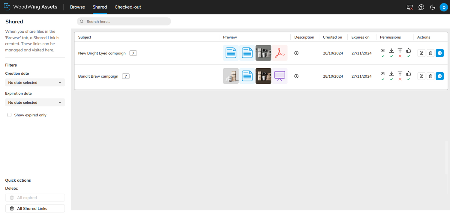 Managing Shared Links on the Shared Links page